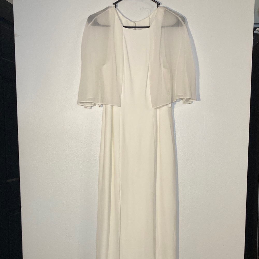 halston heritage ivory sheer flutter sleeve gown